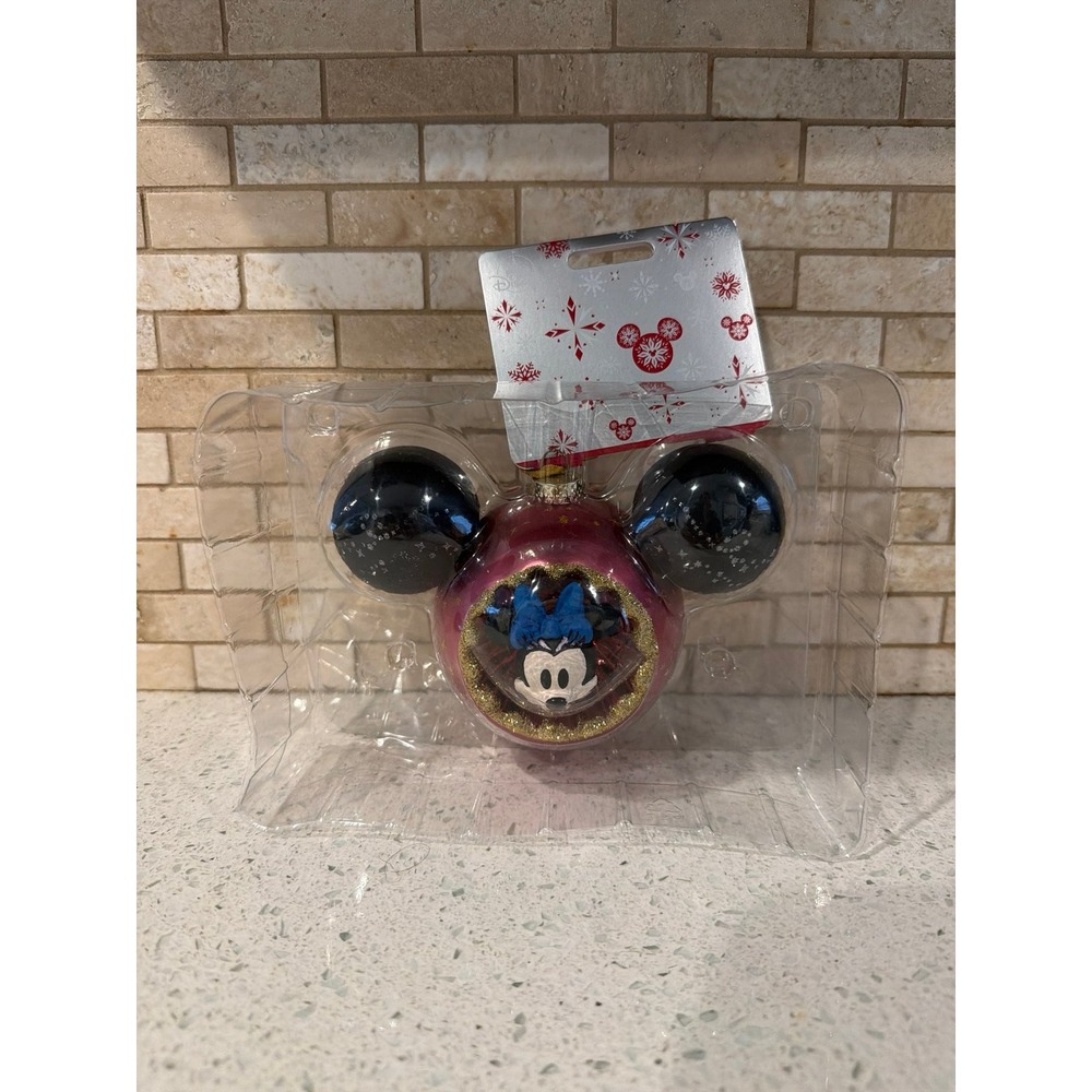 Disney Parks Minnie‎ Mouse Mickey Ear Glass Christmas Ornament Holiday Decor